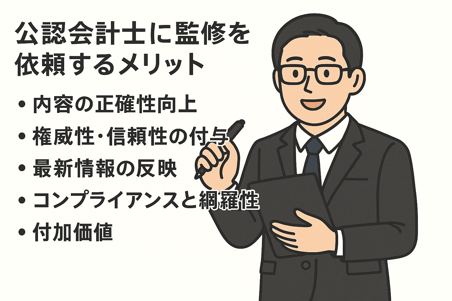 スーツ姿の公認会計士がタブレットとペンを持って笑顔で説明しているイラストと、公認会計士に監修を依頼する5つのメリットが箇条書きで示されている画像。