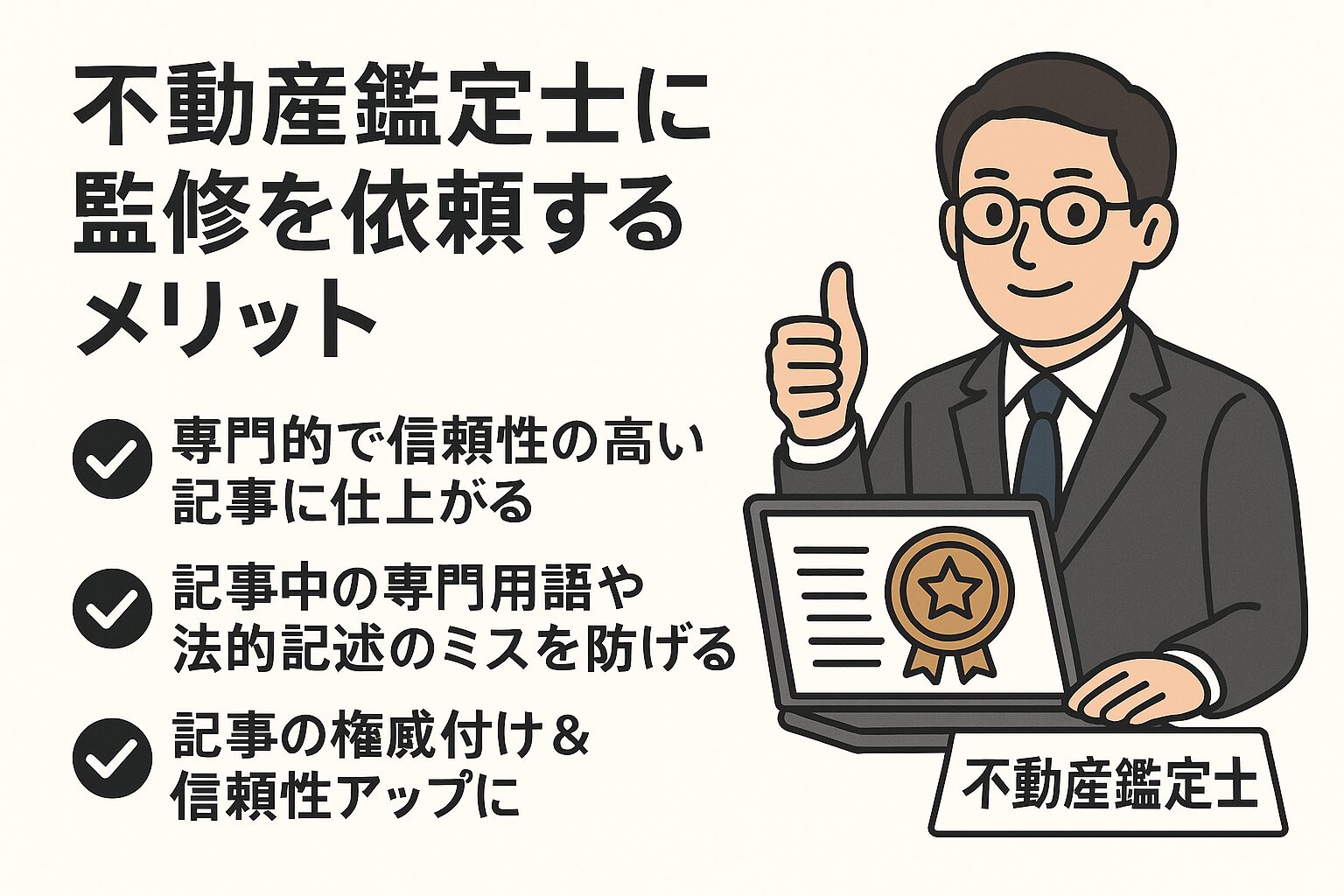 スーツ姿の不動産鑑定士がパソコンと親指を立てたジェスチャーで説明しているイラストと、不動産鑑定士に監修を依頼するメリットが箇条書きで示された画像。