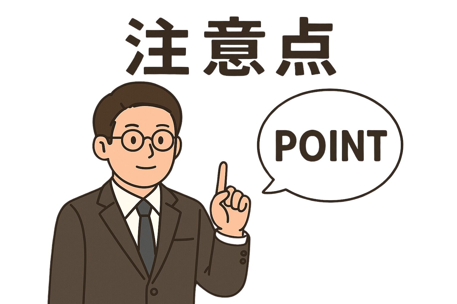 スーツ姿の男性が指を立てて説明しているイラストと、「注意点」という見出し、吹き出しの中に「POINT」と書かれた画像。