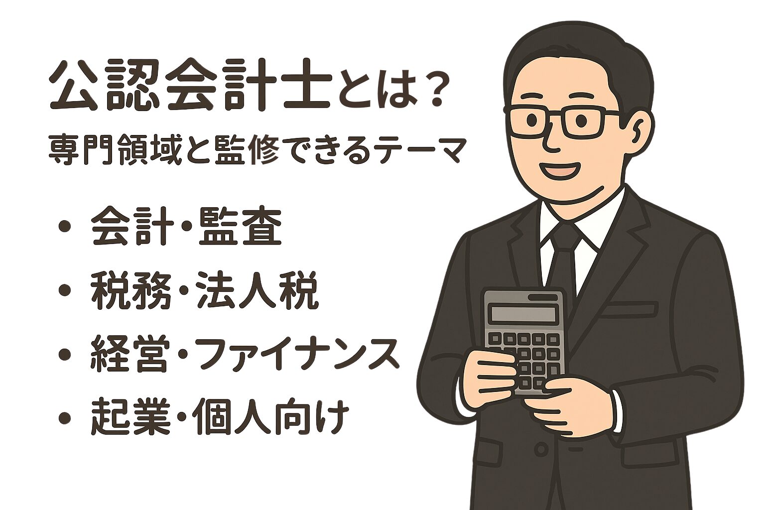 電卓を持ったスーツ姿の公認会計士が笑顔で説明しているイラストと、「会計・監査」「税務・法人税」「経営・ファイナンス」「起業・個人向け」などの専門分野を示す画像。