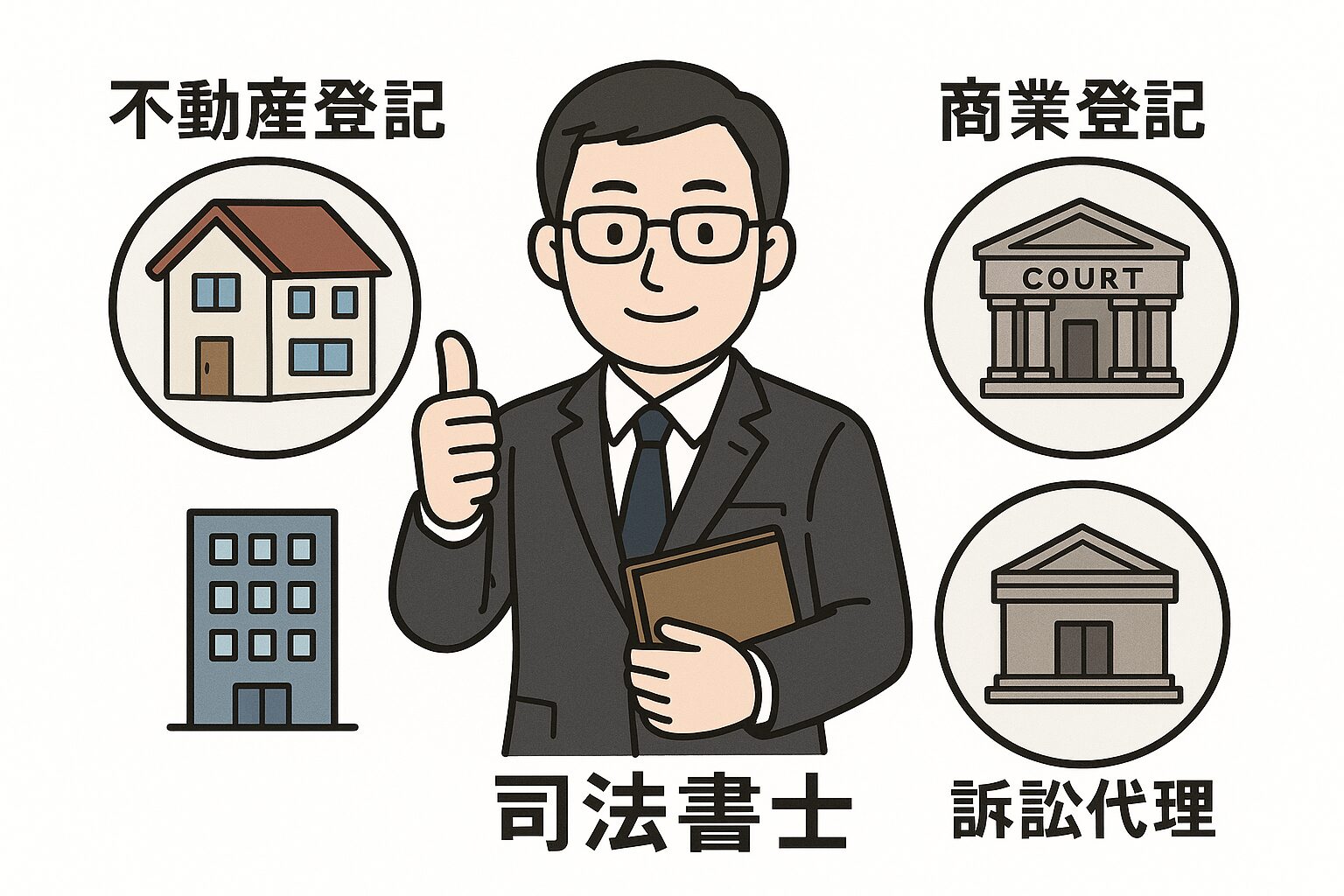 スーツ姿で親指を立てる男性司法書士のイラスト。背景に不動産登記、商業登記、訴訟代理を表す建物や家のイラストが配置されている。
