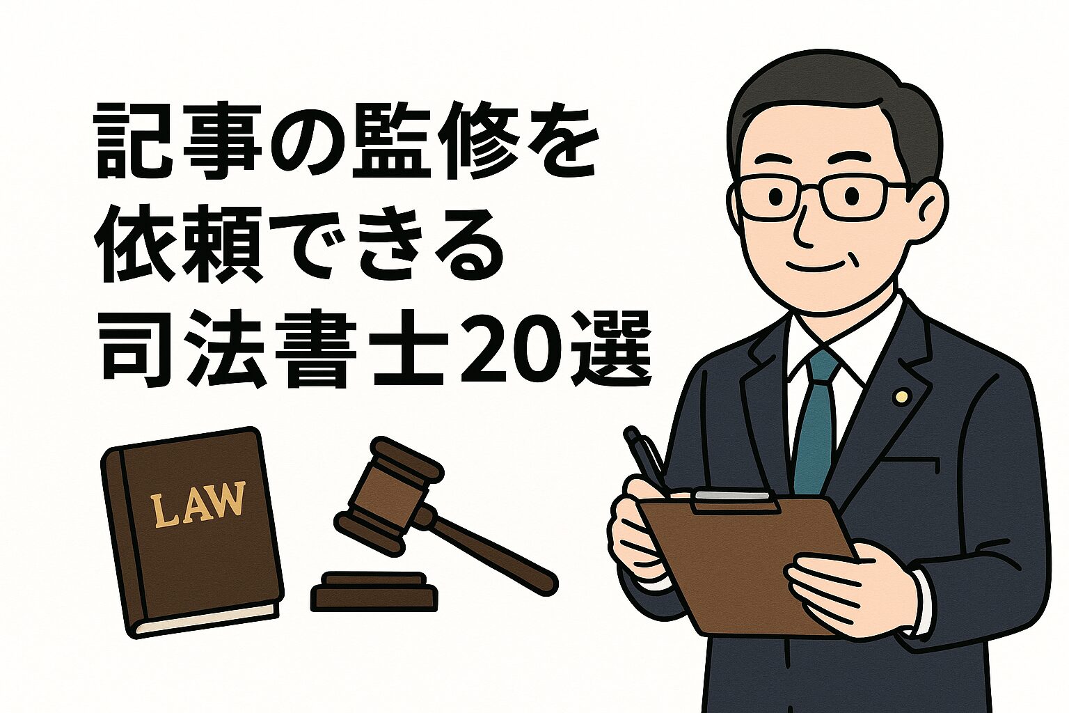 記事の監修を依頼できる司法書士を紹介するバナー画像。スーツ姿の男性司法書士のイラストと、法の本や木槌のイラストが描かれている。