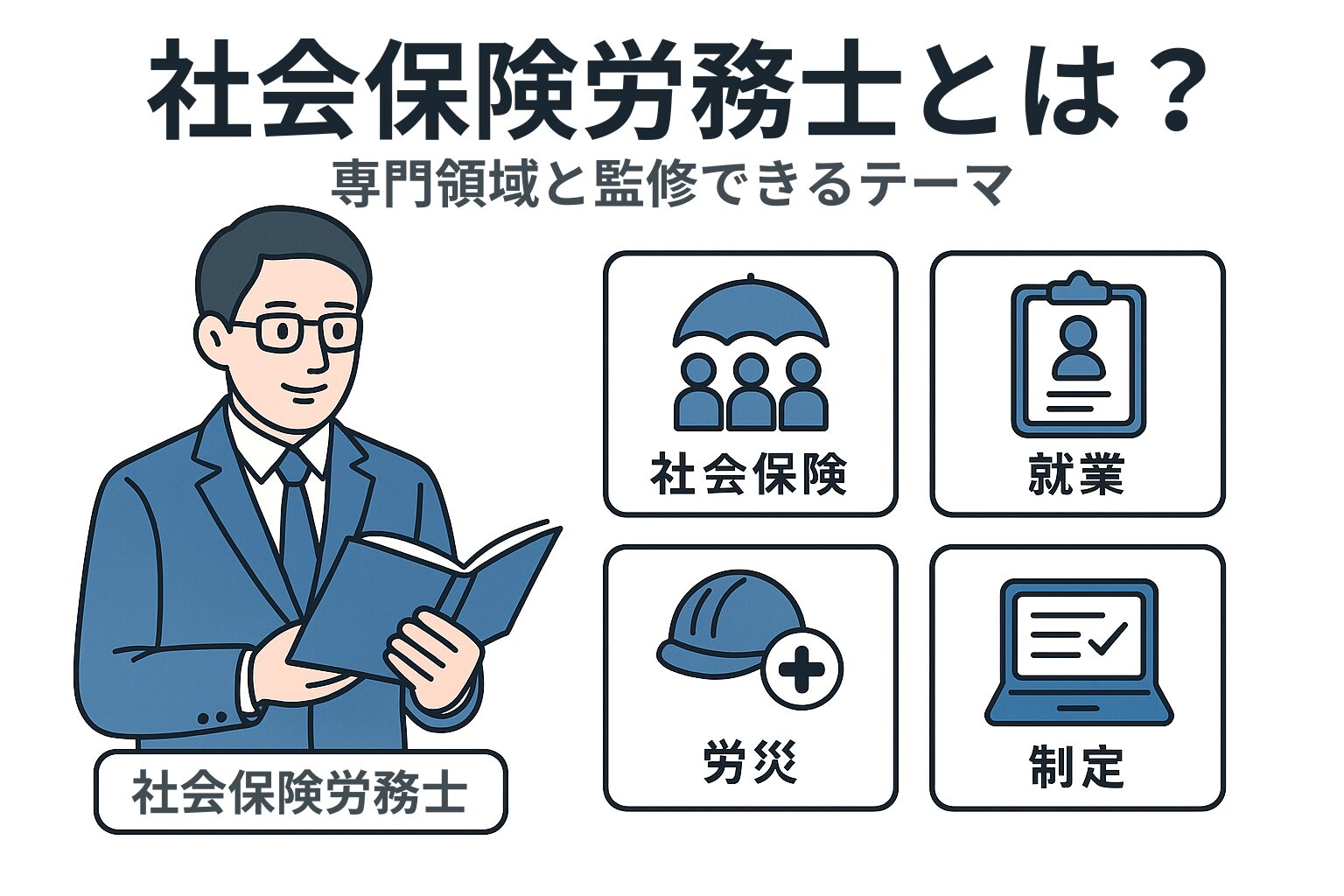 社会保険労務士が本を読みながら説明しているイラストと、「社会保険」「就業」「労災」「制度」といった監修可能な専門テーマを示す図解。
