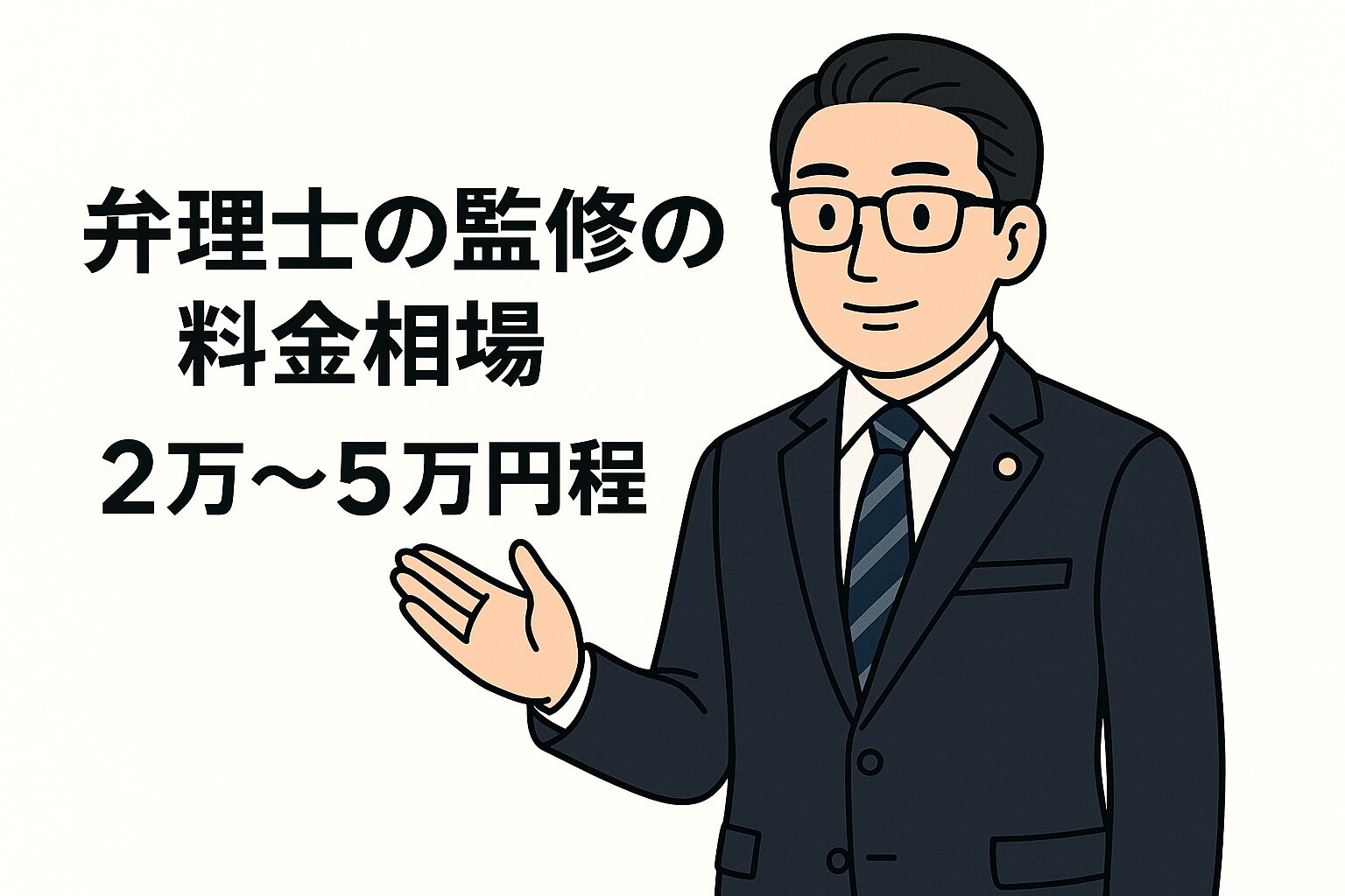 スーツ姿の弁理士が片手を広げて説明しているイラストと、「弁理士の監修の料金相場 2万〜5万円程」と書かれた画像。
