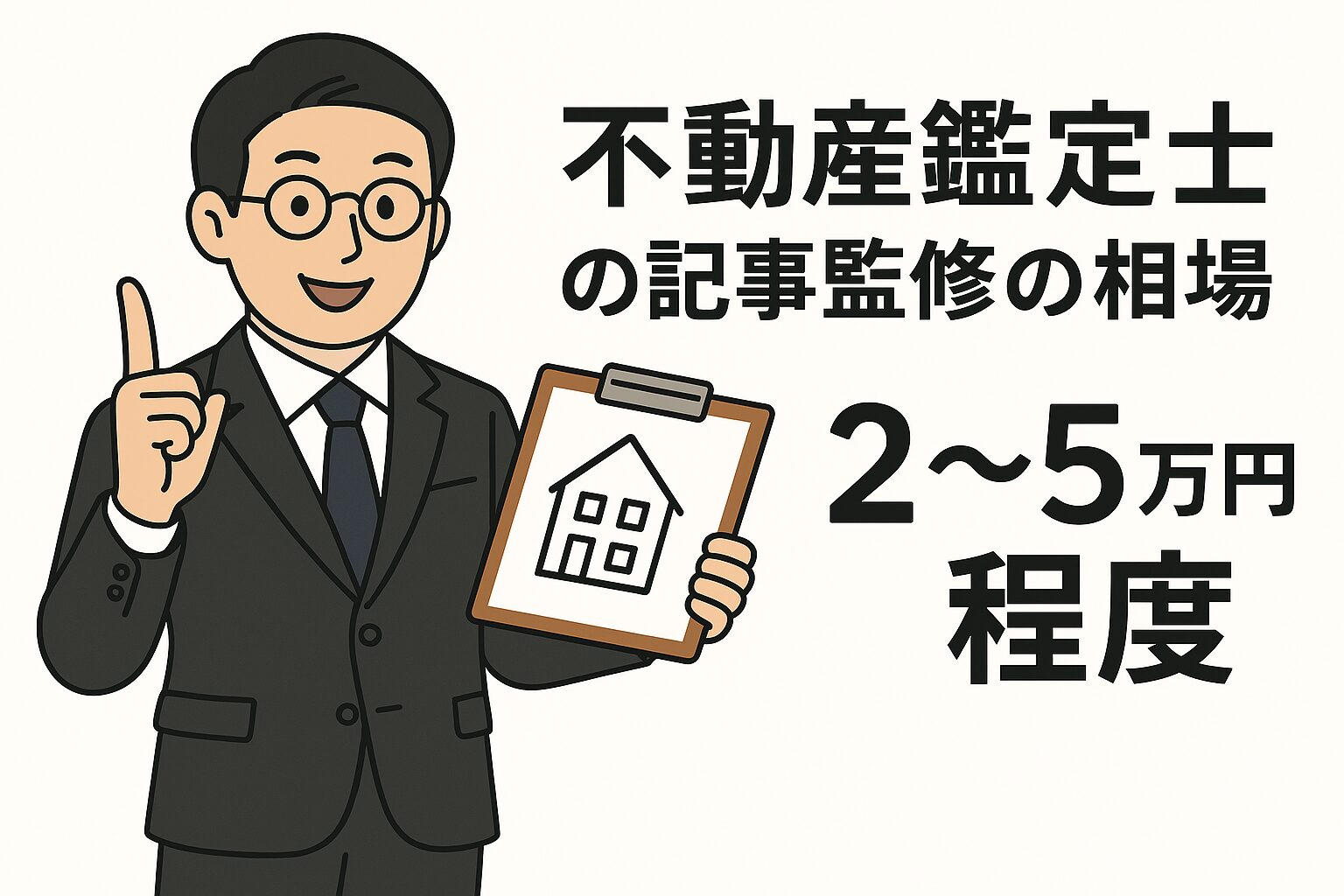 スーツ姿の不動産鑑定士が家のイラストが描かれたクリップボードを持ち、指を立てて説明しているイラストと、「不動産鑑定士の記事監修の相場 2〜5万円程度」と書かれた画像。