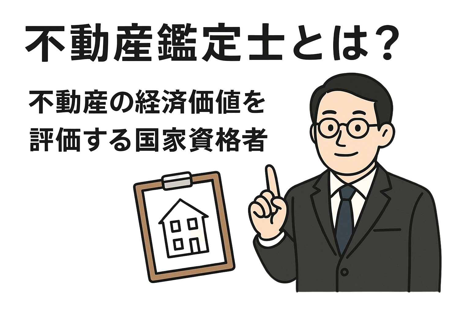 スーツ姿の不動産鑑定士が指を立てて説明しているイラストと、「不動産鑑定士とは? 不動産の経済価値を評価する国家資格者」と書かれた画像。