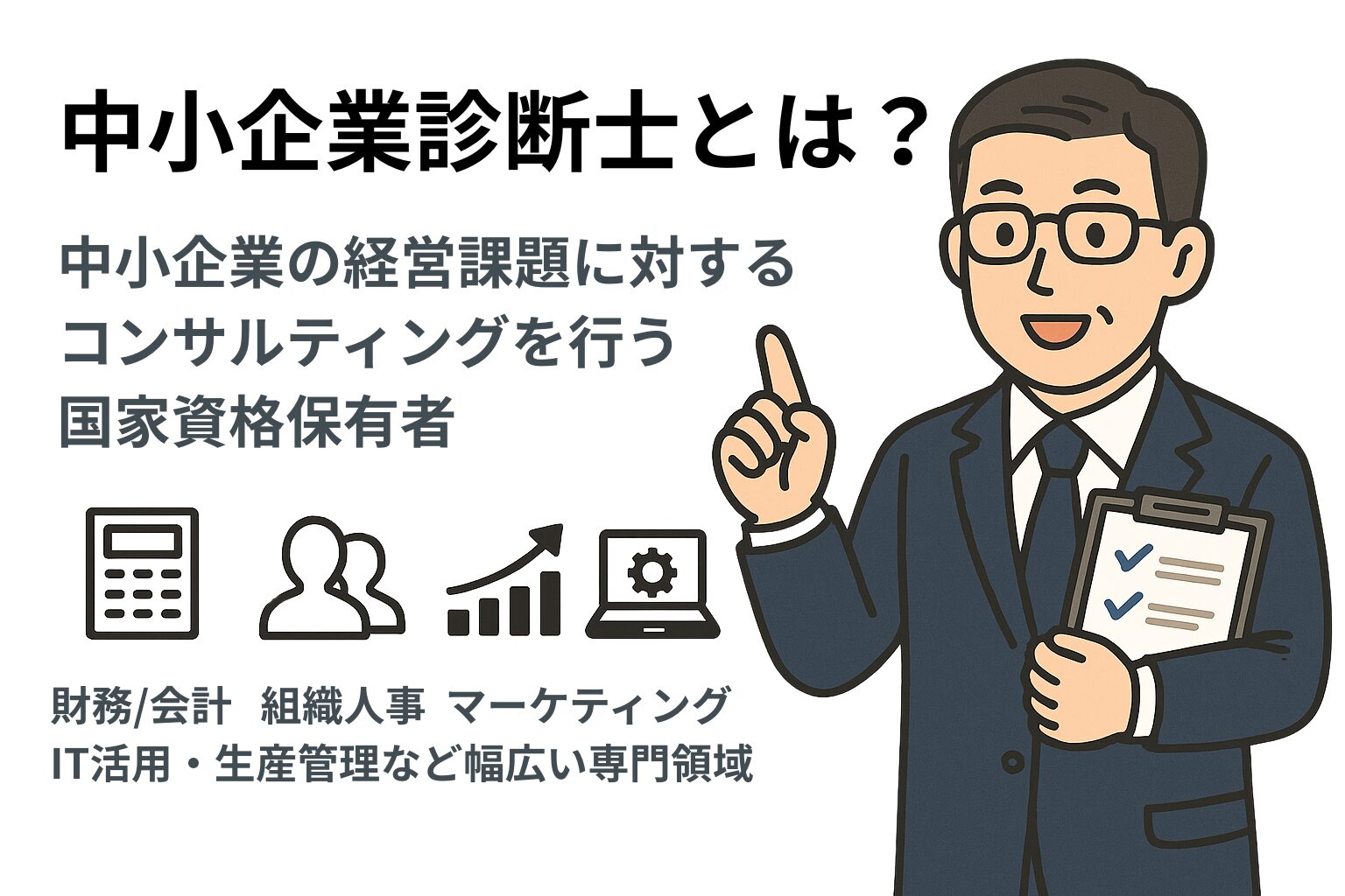 スーツ姿の中小企業診断士が中小企業診断士の役割を説明するイラスト。経営課題に対するコンサルティングを行う国家資格保有者であり、財務やITなど多様な分野に対応可能と紹介されている。